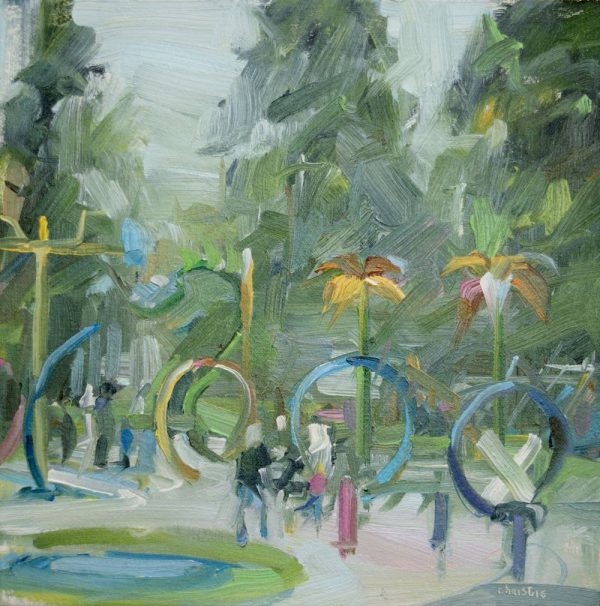Original oil painting by Leanne M Christie of the Rocky Point Spray Park in Port Moody. The brushstrokes that Leanne Christie uses are vigorous and suggestive. Genre: Urban landscape.