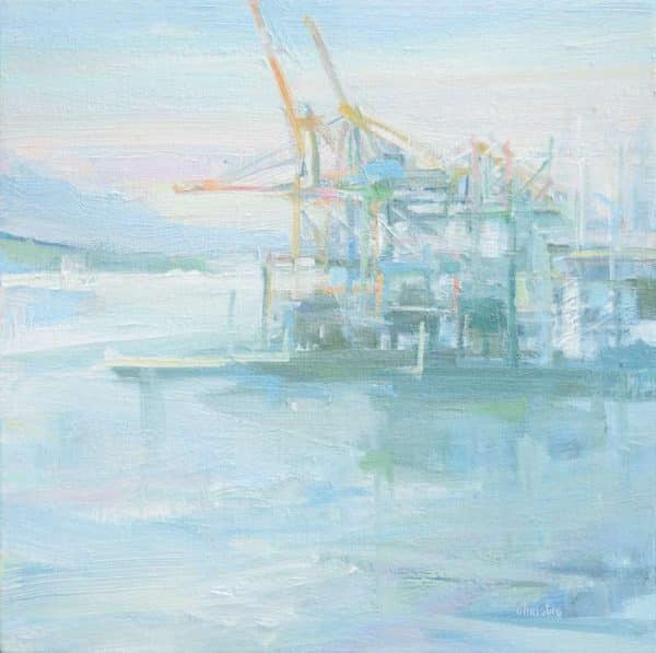 Original 10" x 10" Oil painting of the Centerm Terminals in the Port of Vancouver in the morning. Genre: Urban art, streetscape. Artist: Leanne M Christie. Location: Vancouver Ports, Vancouver. Medium: Oil on canvas.