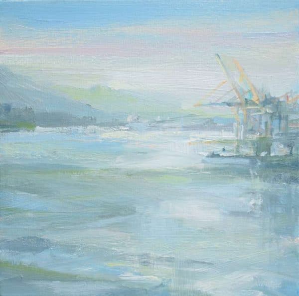 Leanne M Christie oil painting of the Vancouver Ports with the Centerm Terminal.