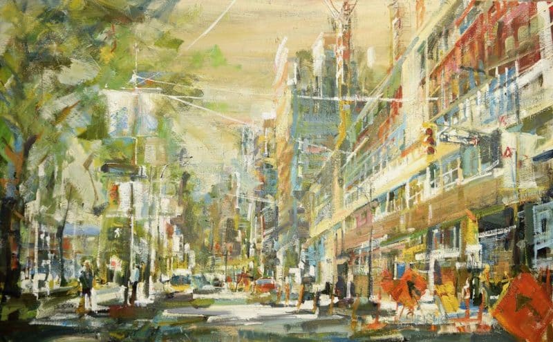 The Channel Urban oil painting downtown Vancouver with construction and yellow sky. Leanne Christie uses gestural brushstroke to describe the elements. The main colour is yellow and orange. Genre: Urban art, streetscape. Artist: Leanne M Christie. Location: Hamilton street, China Town, Vancouver. Medium: Oil on canvas.