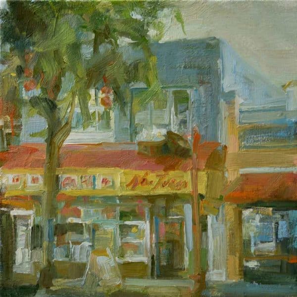 Original urban oil painting by Vancouver artist, Leanne M Christie of the Newtown Bakery on Pender street. Genre: Urban art, streetscape. Artist: Leanne M Christie. Location: East Pender street, China Town, Vancouver. Medium: Oil on canvas.