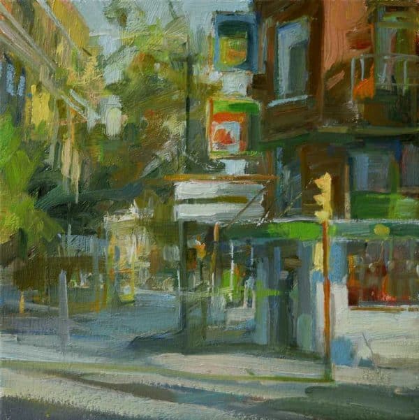 Intimate oil painting. Leanne Christie describes a corner with a store on the right and building on the left. the dominant colours are brick red, green and grey. Genre: Urban art, streetscape. Artist: Leanne M Christie. Location: corner of Carrall and Pender street, China Town, Vancouver. Medium: Oil on canvas.