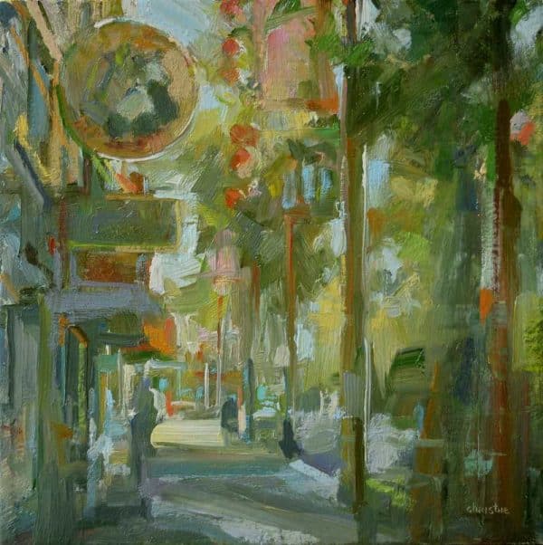 Chinatown, Pender street. Original oil painting by Leanne M Christie. Leanne Christie describes a scene where the viewer is standing on the side walk looking up a shaded street with green trees on the right and buildings on the left. Genre: Urban art, streetscape. Artist: Leanne M Christie. Location: Pender street, China Town, Vancouver. Medium: Oil on canvas.