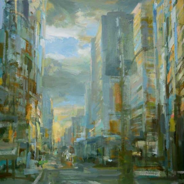 Genre: Streetscape, Urban painting. Artist: Leanne M Christie. Medium: Oil on canvas Location: Burrard street, Vancouver, Canada. The painting by Leanne Christie describes a moody oil painting of a late winter aftenoon scene decribed in greys and oranges with soft brushwork. The viewer is looking south along Burrard street with the sun setting and casting a warm light on the buildings that line the street.