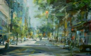 Original oil painting of street in the summer. The brushstokes are expressive and the main colours are deep greens and blues with yellow accents. The viewer is standing in the middle of the street and there are people walking on both sidewalks of the tree lined street. Genre: Urban art, streetscape. Artist: Leanne M Christie. Location: Robson street, Vancouver. Medium: Oil on canvas.