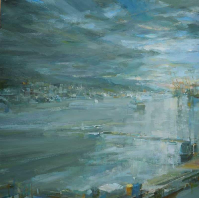 Original landscape painting by Vancouver artist, Leanne M Christie of the Burrard inlet with the Vancouver Port, North Vancouver, seaplane and Seabus.