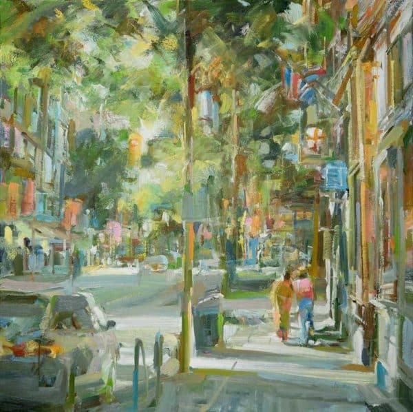 Leanne Christie oil painting of the Main street and East Georgia st corner. The viewer is looking north as 2 figures walk by the London Pub. Genre: Streetscape, Urban painting. Artist: Leanne M Christie. Location: Chinatown, Vancouver Medium: Oil on canvas