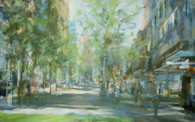 Original oil painting by Vancouver artist: Leanne M Christie. The painting depicts a downtown Vancouver street mid summer. The atmospheric painting has the suggestion of people on the side walk, the street is lined by tall buildings and trees with green foliage. The lighting is soft. GENRE: Urban Landscape painting Artist: Leanne M Christie