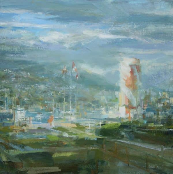 Original oil painting painted mostly with grey blues and dark greens. The painting surface is well worked and the brushstrokes are loose and suggestive. Artist: Leanne M Christie. Location: Waterfront, Vancouver. Medium: Oil on canvas.