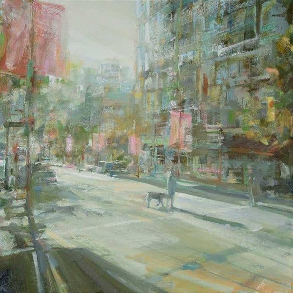 Original oil painting of a man crossing an urban street with his dog. The painting has atmospheric lighting suggestive of a cool autumn morning. The colours are soft with gentle pinks and greys. Artist: Leanne M Christie Genre: Urban Street Landscape