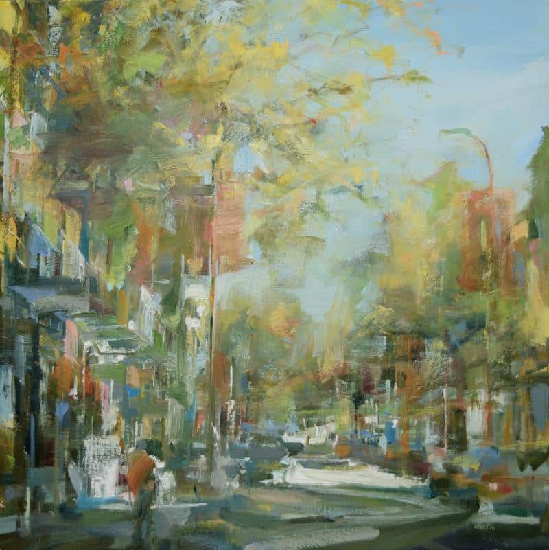 Original painting describing a street in the early autumn. Leanne Christie places the viewer in the middle of the quiet road. The street is lined with low rise buildings, the trees have a mixture of yellow and green foliage. There is a person on the let walking from the sun to the shade and cars are parked along the street. The brushstroke is suggestive. Genre: Urban art, streetscape. Artist: Leanne M Christie. Location: East Georgia street, China Town, Vancouver. Medium: Oil on canvas.