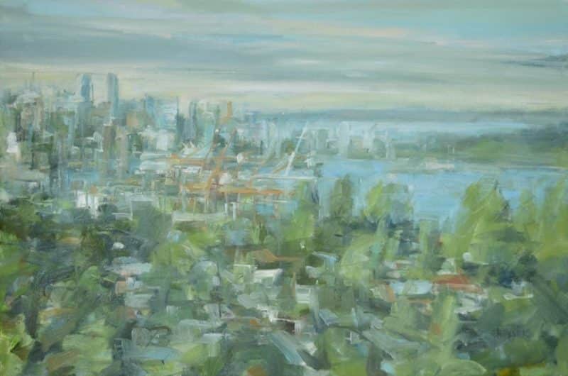 Painting of Vancuver from Reservoir Park. The viewer is on the hillside looking west over Burnaby with the tree lined streets dominating the painting. In the distance is the Burrard inlet and the city skyline.