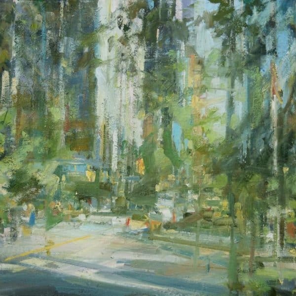 Leanne Christie painting of the area around the Burrard street station in Vancouver. The viewer is looking north and shares the sidewalk with other people. The main colours are grey, blue and green which evoke summers. Genre: Urban art, streetscape. Artist: Leanne M Christie. Location: Burrard street, Vancouver, Canada. Medium: Oil on canvas.