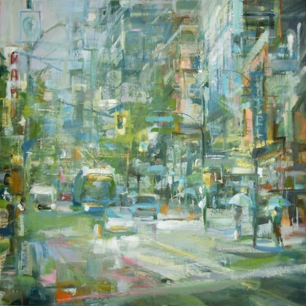 Original Oil painting. Artist: Leanne M Christie - Urban oil painter. Subject: Street scene - Hastings Street, Vancouver. A trolley bus and cars and driving towards the viewer, on the side walk pedestrians with umbrellas and there is signage suggesting parking and a hostel. Colours: Grey, blue and orange - muted. Brushwork: Suggestive- abstract and impressionist