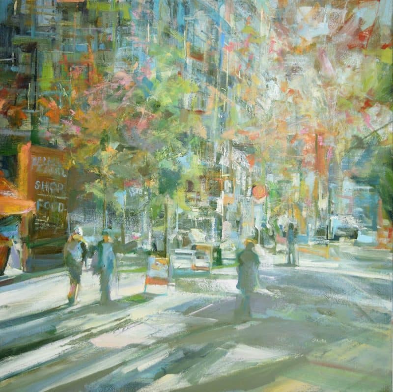 Artist: Leanne M Christie Location: Robson Street, Downtown Vancouver Image: Painting of plaza at the corner of Robson Street and Homer with the suggestion of trees with orange autumn foliage. People are suggested walking trough the s;pace and there is a modern buidling that frames the left side of the painting. Style: Abstract Impressionsim Colours: Soft orange, green, grey and blue Medium: Oil on canvas Genre: Urban Landscape