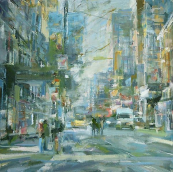 Original Oil Painting. Artist: Leanne M Christie. Subject: downtown Vancouver. Colours: Grey, orange, Yellow. Brushwork: Loose and suggestive. Subject: Street scene with people standing on the sidewalk and crossing the road, a yellow taxi and white van approach. Mood: Winter, autumn