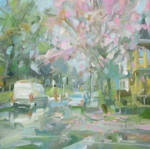 Artist: Leanne M Christie Location: Strathcona, East Vancouver Image: Painting of cherry blossoms on East Pender street. Streetscene with parked cars and residential. Style: Abstract Impressionsim Colours: Soft pink, green, grey and yellow Medium: Oil on canvas. Genre: Urban Landscape