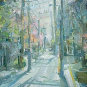 Artist: Leanne M Christie Location: East Vancouver Image: Painting of cherry blossoms lining a alley in East vancouver. The painting is very muted as it captures the morning light and shodow on the utility poles that line the street, Style: Abstract Impressionsim Colours: Soft pink, green, grey Medium: Oil on canvas Genre: Urban Landscape