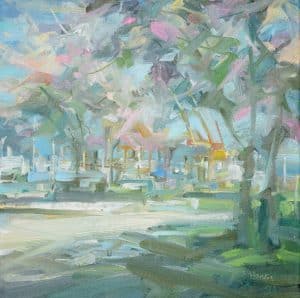 Artist: Leanne M Christie Location: Downtown Vancouver Image: Painting of cherry blossoms with the Gantries from the Port of Vancouver in the distance. The viewer is standing in Granville Square. Style: Abstract Impressionsim Colours: Soft pink, green, grey and orange Medium: Oil on canvas Genre: Urban Landscape