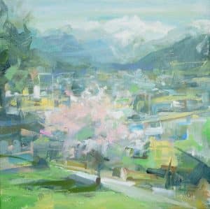 Artist: Leanne M Christie Location: Capitol Hill, Burnaby Image: Painting of cherry blossoms on Capitol Hill. The viewer is standing on the hill with the tree in the foregourns and the Lion's Mountains covered in snow, in the distance. Style: Abstract Impressionsim Colours: Soft pink, green, grey and yellow Medium: Oil on canvas Genre: Urban Landscape