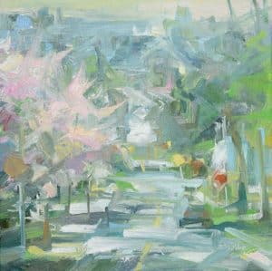 Artist: Leanne M Christie Location: Burnaby Heights Image: Painting of cherry blossoms on residential street. Cars parked on the right side of the road and red stop signs suggested Style: Abstract Impressionsim Colours: Soft pink, green, grey and red Medium: Oil on canvas Genre: Urban Landscape