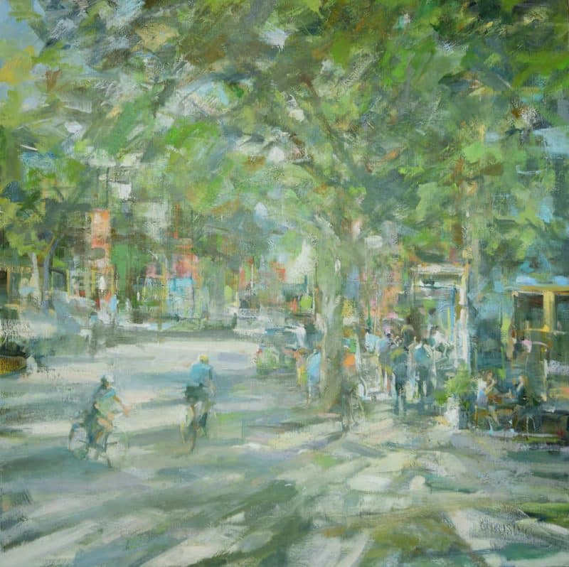 Artist: Leanne M Christie Subject: Fort Langley - a corner with Saba Cafe Style: Urban oil painting, impressionsit Colours: Greys, green and pink The painting depicts the corner where the Saba Cafe is. Everything is very suggestive and the brushstroke is loose. There are 2 cyclists in the foreground and the suggestion of people walking on the sidewalk and sitting at the cafe tables.